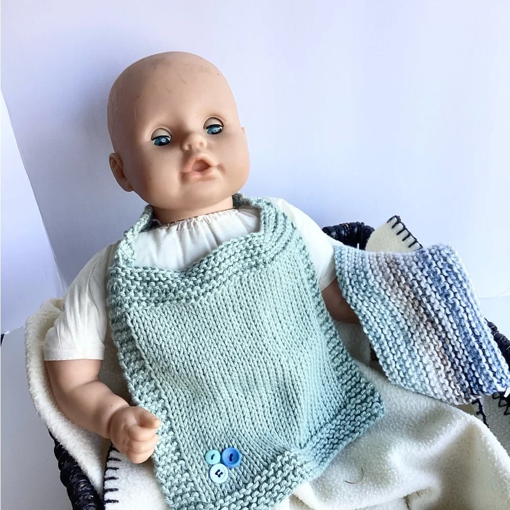 Baby Bib Set Washcloth Hand Crafted Green Cotton Knit Floral